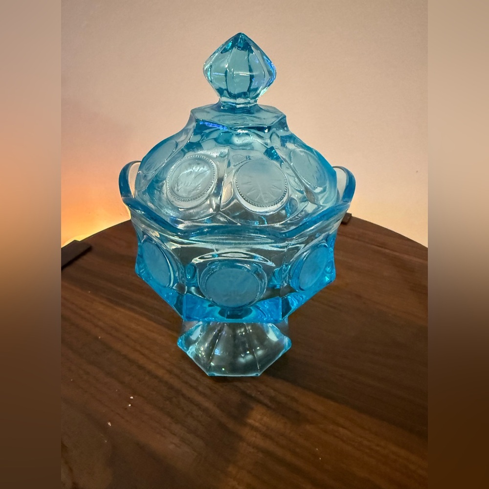 Blue Glass Candy Dish with Lid Vintage